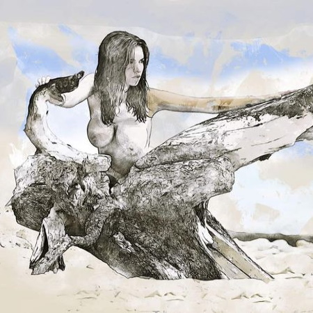 Concept sketch of a crouching figure behind a log